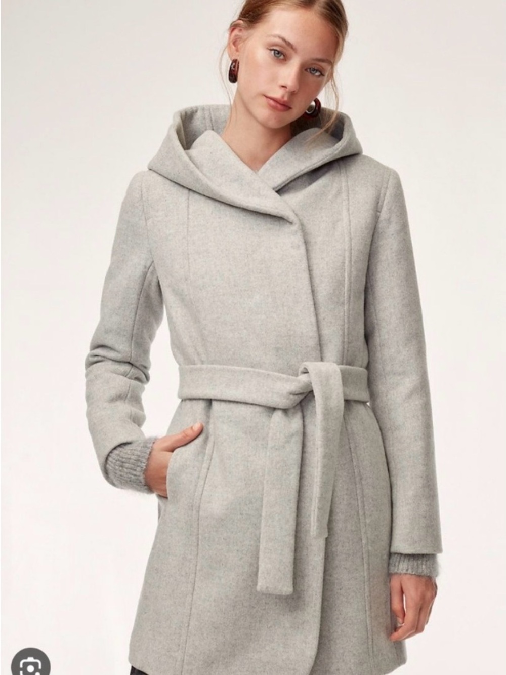 Wilfred Light Gray Hooded Wrap Trench Coat with Belt